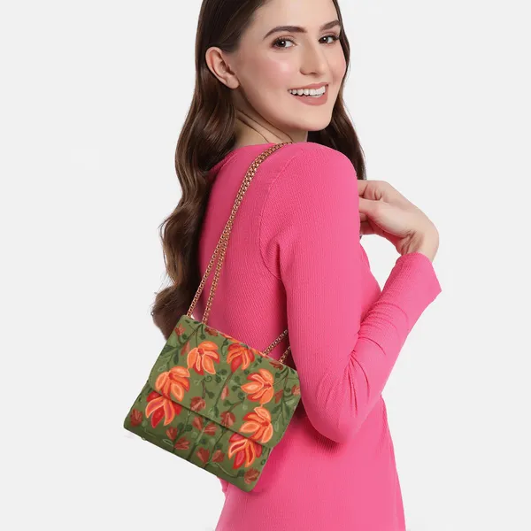 Green__Leather_Stylish_Fancy_Gorgeous_Embroidered_Design_Crossbody_Gold_Chain_Side_Sling_Bag_For_Women