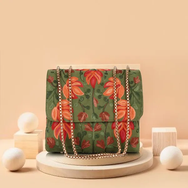 Green__Leather_Stylish_Fancy_Gorgeous_Embroidered_Design_Crossbody_Gold_Chain_Side_Sling_Bag_For_Women