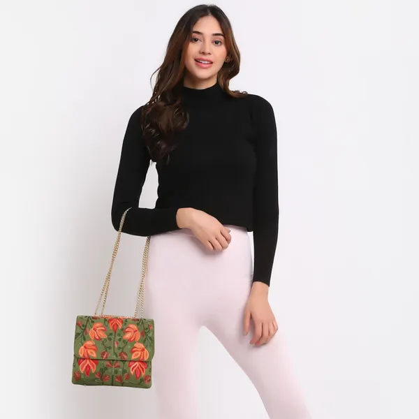 Green__Leather_Stylish_Fancy_Gorgeous_Embroidered_Design_Crossbody_Gold_Chain_Side_Sling_Bag_For_Women