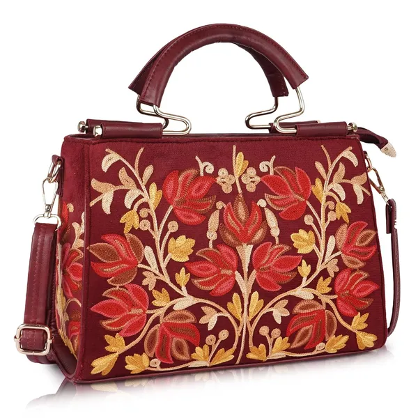 VELUCIA_Floral_Embroidered_Handbag,_Floral_Leather_Handle_and_Strap_(Maroon)