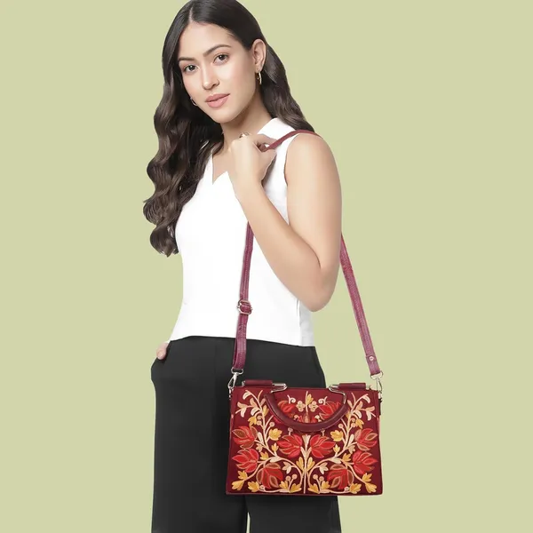 VELUCIA_Floral_Embroidered_Handbag,_Floral_Leather_Handle_and_Strap_(Maroon)