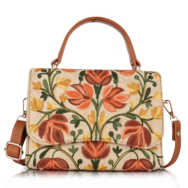 VELUCIA_Floral_Embroidered_Crossbody_Sling_Bag_with_Top_Handle,_Vintage_Style_Canvas_for_Women_(Beige&Tan)