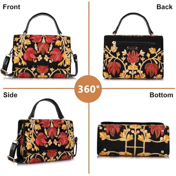 VELUCIA_Floral_Embroidered_Crossbody_Sling_Bag_with_Top_Handle,_Vintage_Style_Canvas_for_Women_(Black)