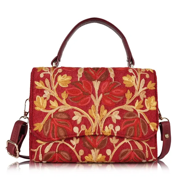 VELUCIA_Floral_Embroidered_Crossbody_Sling_Bag_with_Top_Handle,_Vintage_Style_Canvas_for_Women_(Maroon)