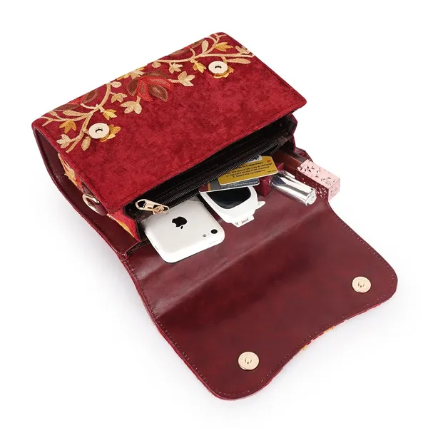 VELUCIA_Floral_Embroidered_Crossbody_Sling_Bag_with_Top_Handle,_Vintage_Style_Canvas_for_Women_(Maroon)