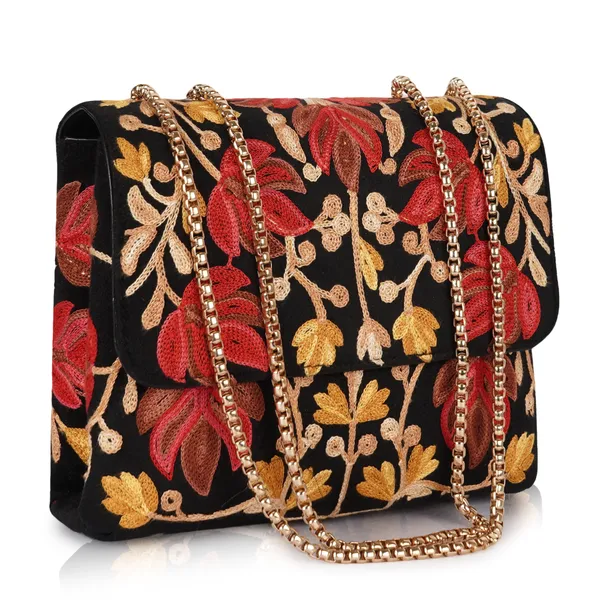 Black_Leather_Stylish_Fancy_Gorgeous_Embroidered_Design_Crossbody_Gold_Chain_Side_Sling_Bag_For_Women