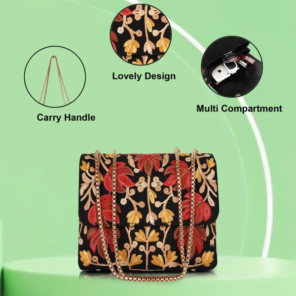 Black_Leather_Stylish_Fancy_Gorgeous_Embroidered_Design_Crossbody_Gold_Chain_Side_Sling_Bag_For_Women