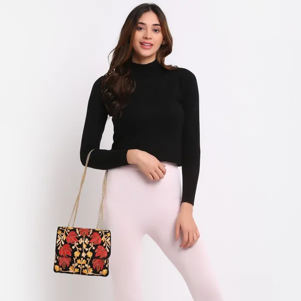 Black_Leather_Stylish_Fancy_Gorgeous_Embroidered_Design_Crossbody_Gold_Chain_Side_Sling_Bag_For_Women