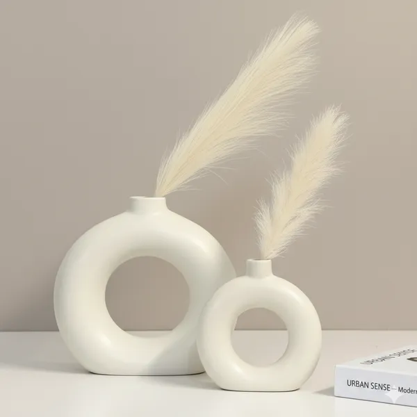 White_Ceramic_Donut_Pampas_Vase_Set_of_2_|_Modern_Minimalist_Circle_Flower_Vases