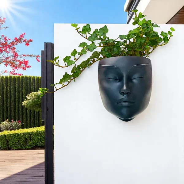 Sumukhi_|_Black_Ceramic_Lady_Face_Wall_Hanging_Planter_Vase_|_Decorative_Home_&_Balcony_Flower_Pot