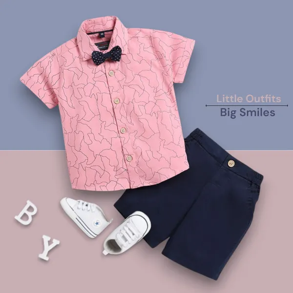 Pink_Cotton_Blend_Text_Print_Casual_Shirt_&_Shorts_For_Baby_Boys_&_Girls