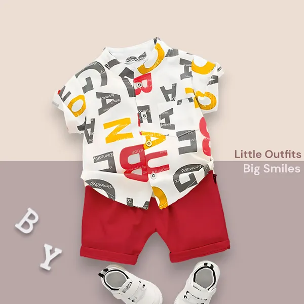 Red_Cotton_Blend_Text_Print_Casual_Shirt_&_Shorts_For_Baby_Boys_&_Girls