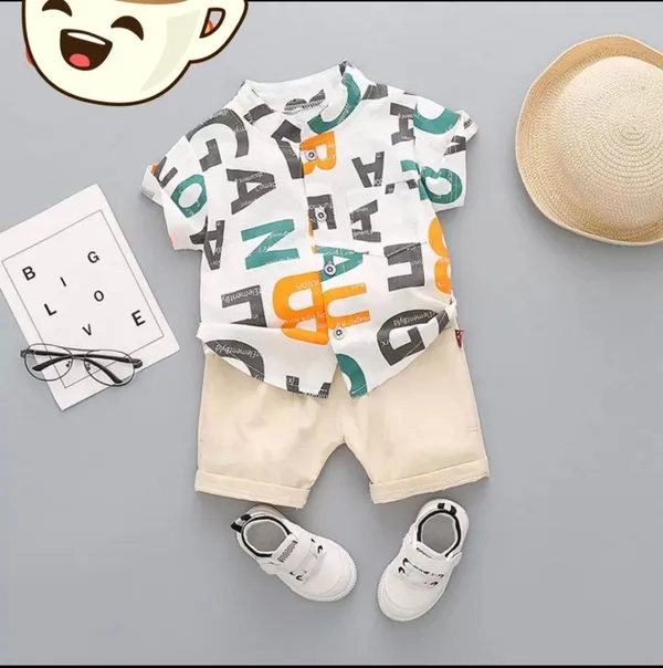 Yellow_Cotton_Blend_Text_Print_Casual_Shirt_Shorts_For_Baby_Boys_&_Girls