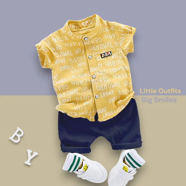 Yellow-Blue_Cotton_Blend_Text_Print_Casual_Shirt_Shorts_For_Baby_Boys_&_Girls