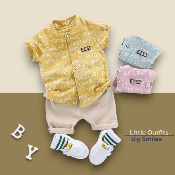 Yellow_Cotton_Blend_Text_Print_Casual_Shirt_Shorts_For_Baby_Boys_&_Girls