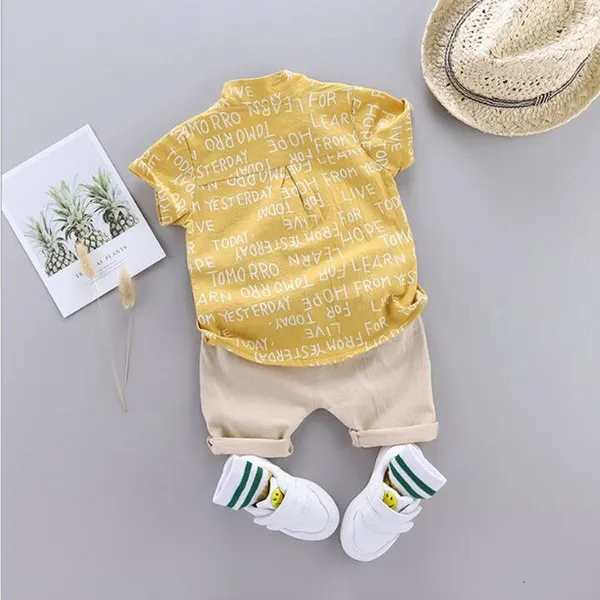 Yellow_Cotton_Blend_Text_Print_Casual_Shirt_Shorts_For_Baby_Boys_&_Girls