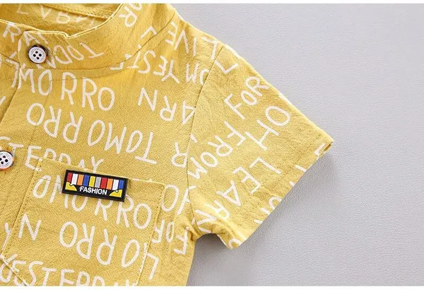 Yellow_Cotton_Blend_Text_Print_Casual_Shirt_Shorts_For_Baby_Boys_&_Girls