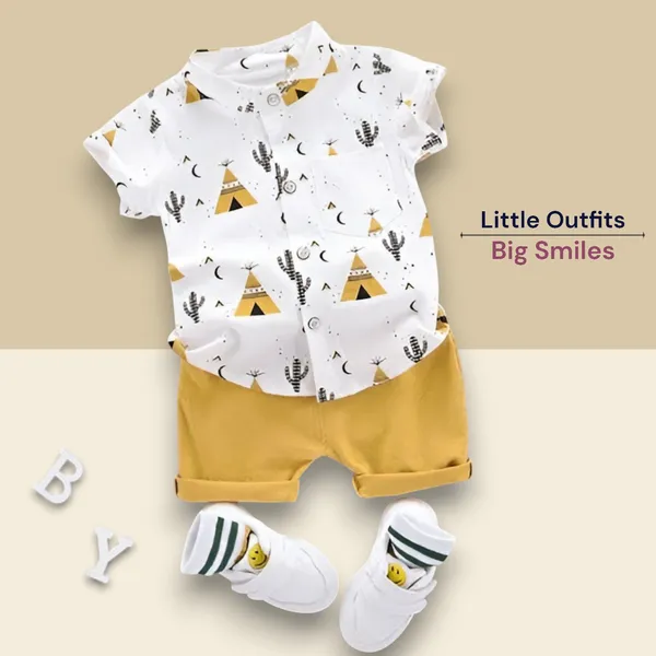 Yellow_Cotton_Blend_Text_Print_Casual_Shirt_Shorts_For_Baby_Boys_&_Girls