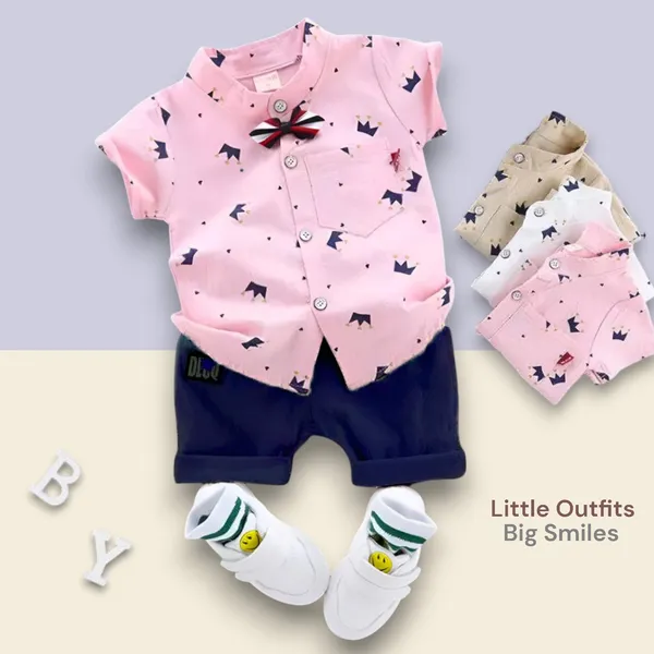 Pink-Blue_Cotton_Blend_Text_Print_Casual_Shirt_&_Shorts_For_Baby_Boys_&_Girls