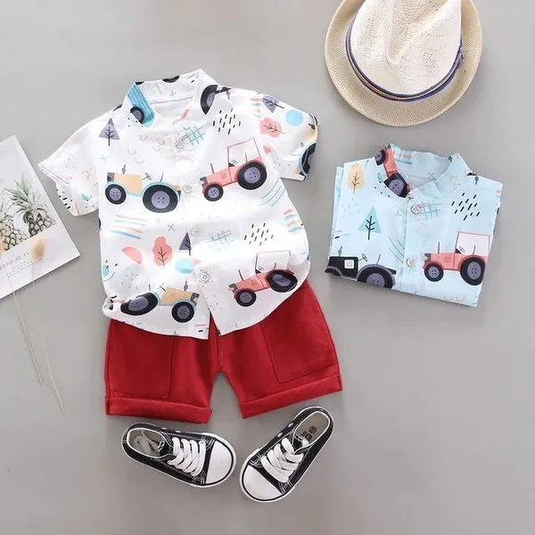 Tractor_White_Cotton_Blend_Text_Print_Casual_Shirt_Shorts_For_Baby_Boys_&_Girls
