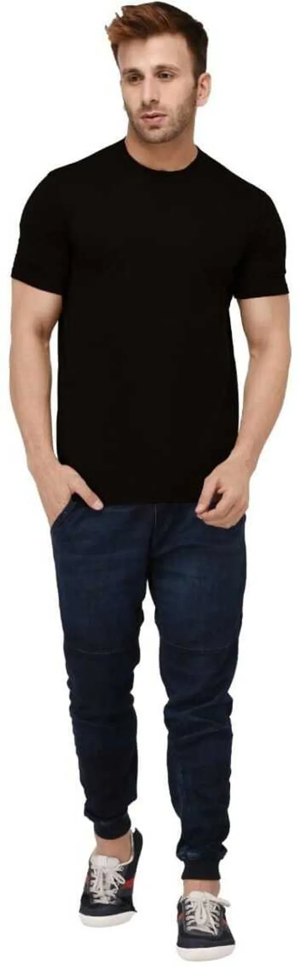Black_Cotton_Blend_Half_Sleeve_Solid_Round_Neck_Regular_T-Shirt_For_Men