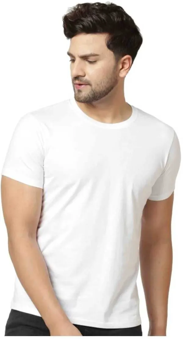White_Cotton_Blend_Half_Sleeve_Solid_Round_Neck_Regular_T-Shirt_For_Men