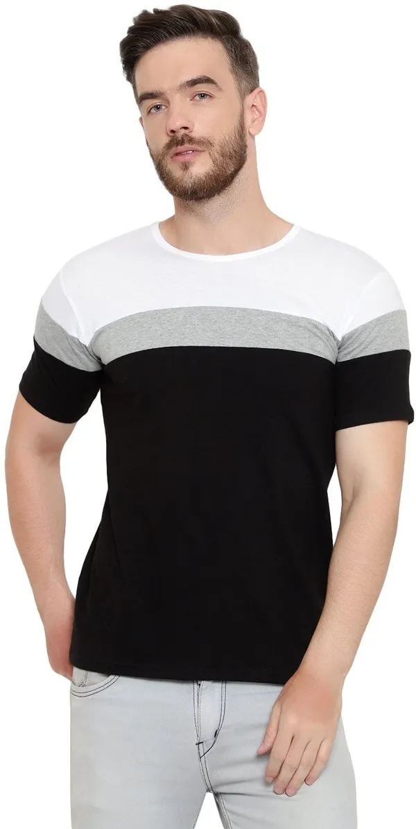 Pure_Cotton_Short_Sleeve_Colorblock_Round_Neck_Regular_T-Shirt_For_Men