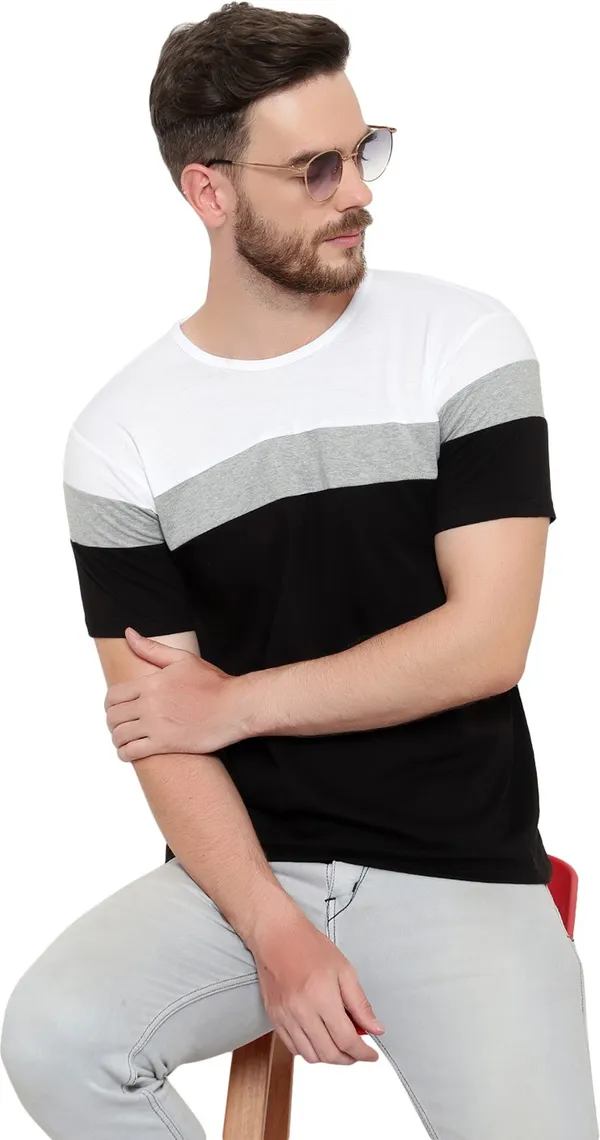 Pure_Cotton_Short_Sleeve_Colorblock_Round_Neck_Regular_T-Shirt_For_Men