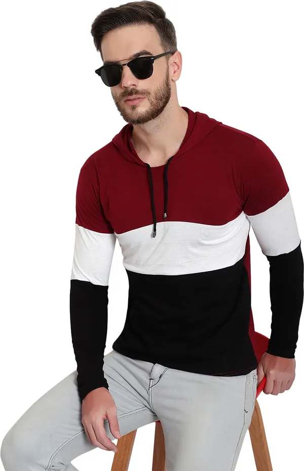 Pure_Cotton_Full_Sleeve_Colorblock_Hooded_Neck_Regular_T-Shirt_For_Men