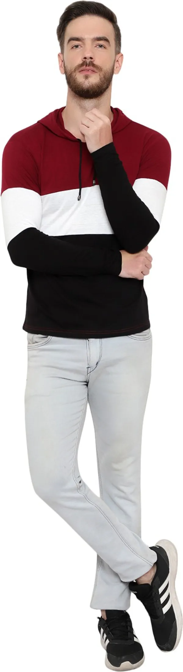 Pure_Cotton_Full_Sleeve_Colorblock_Hooded_Neck_Regular_T-Shirt_For_Men