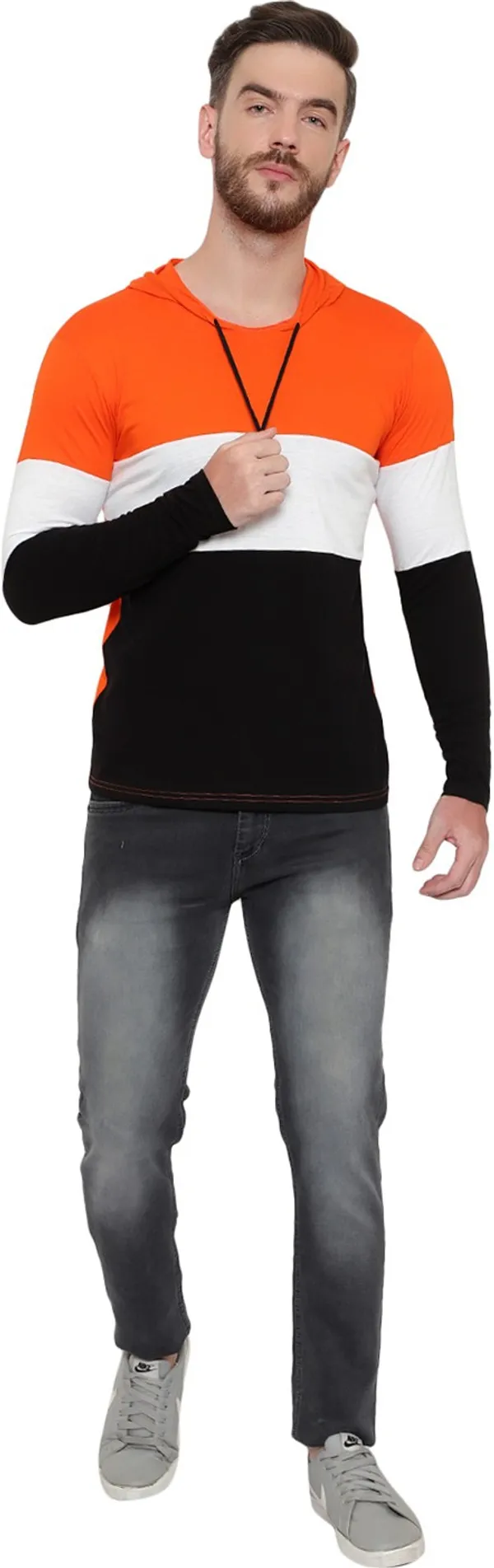 Pure_Cotton_Full_Sleeve_Colorblock_Hooded_Neck_Regular_T-Shirt_For_Men