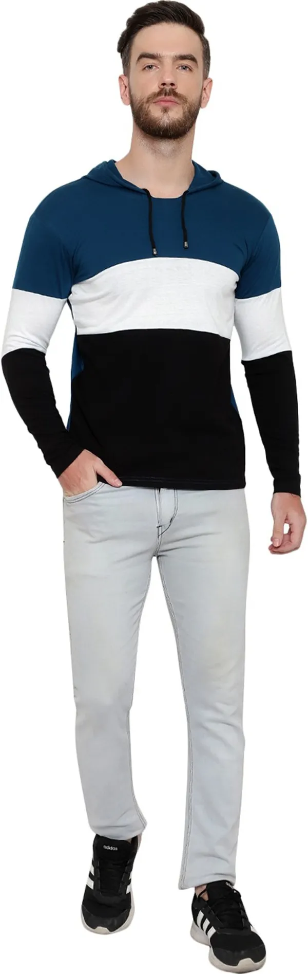 Pure_Cotton_Full_Sleeve_Colorblock_Hooded_Neck_Regular_T-Shirt_For_Men