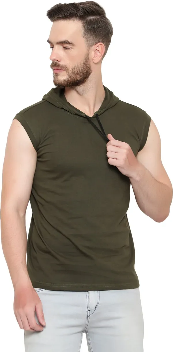 Dark_Green_Cotton_Blend_Sleeveless_Solid_Hooded_Neck_Regular_T-Shirt_For_Men