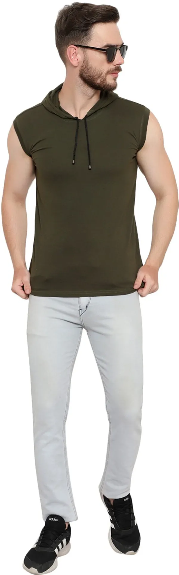 Dark_Green_Cotton_Blend_Sleeveless_Solid_Hooded_Neck_Regular_T-Shirt_For_Men