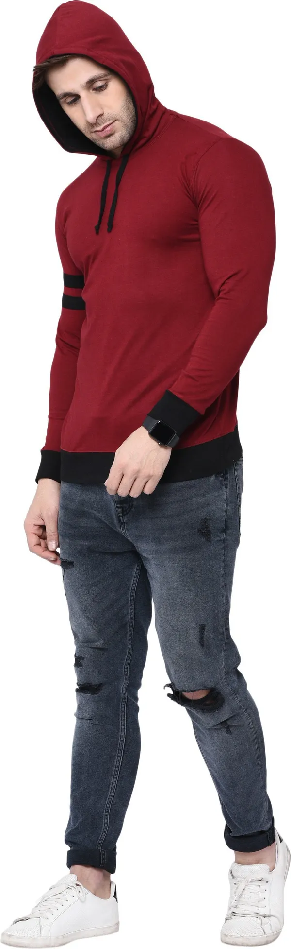 Maroon_&_Black_Cotton_Blend_Full_Sleeve_Striped_Hooded_Neck_Regular_T-Shirt_For_Men