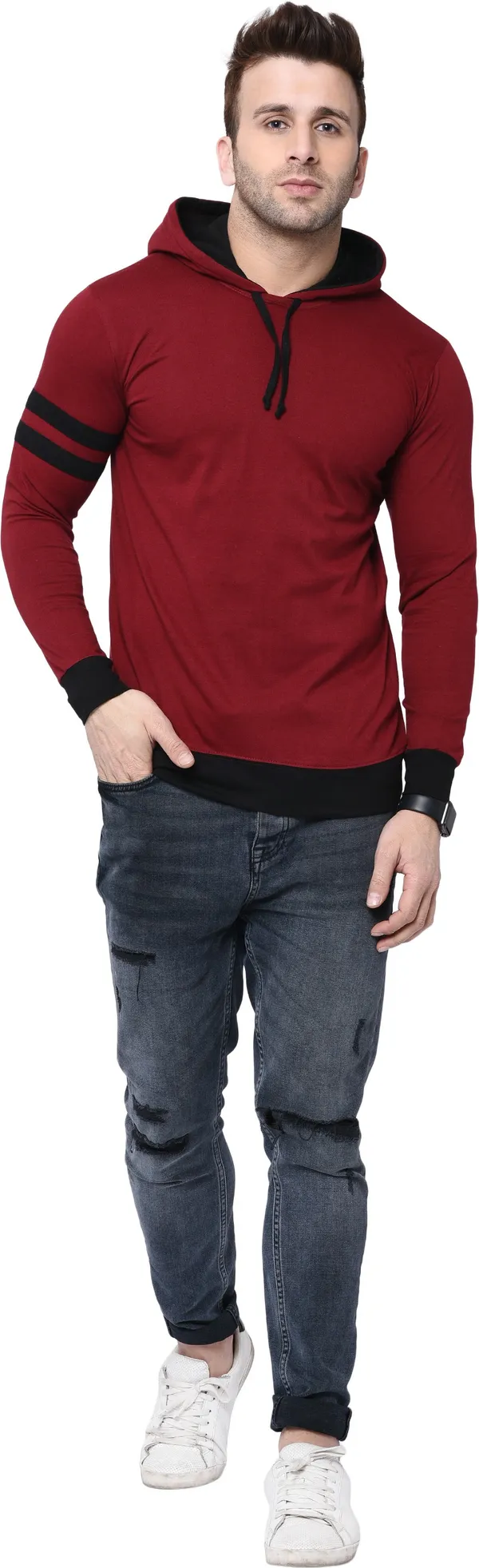 Maroon_&_Black_Cotton_Blend_Full_Sleeve_Striped_Hooded_Neck_Regular_T-Shirt_For_Men