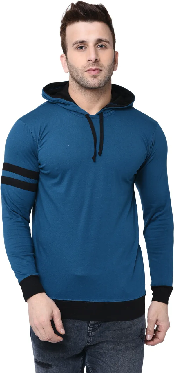 Light_Blue_&_Black_Cotton_Blend_Full_Sleeve_Striped_Hooded_Neck_Regular_T-Shirt_For_Men