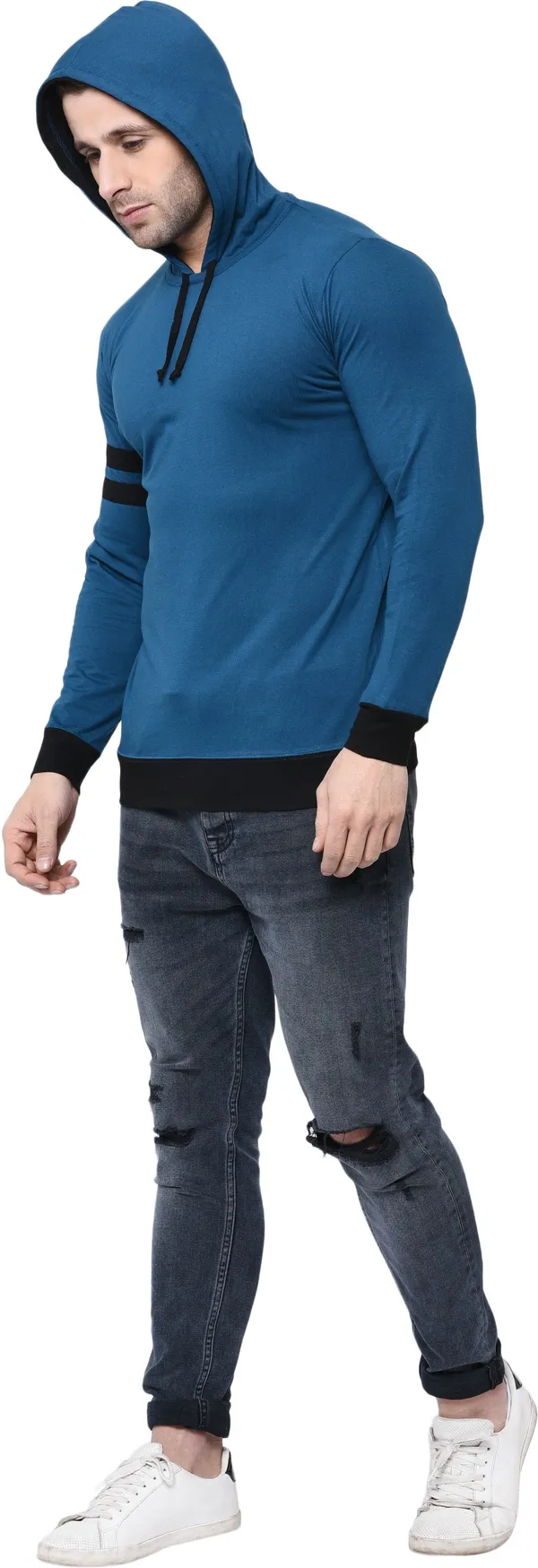 Light_Blue_&_Black_Cotton_Blend_Full_Sleeve_Striped_Hooded_Neck_Regular_T-Shirt_For_Men