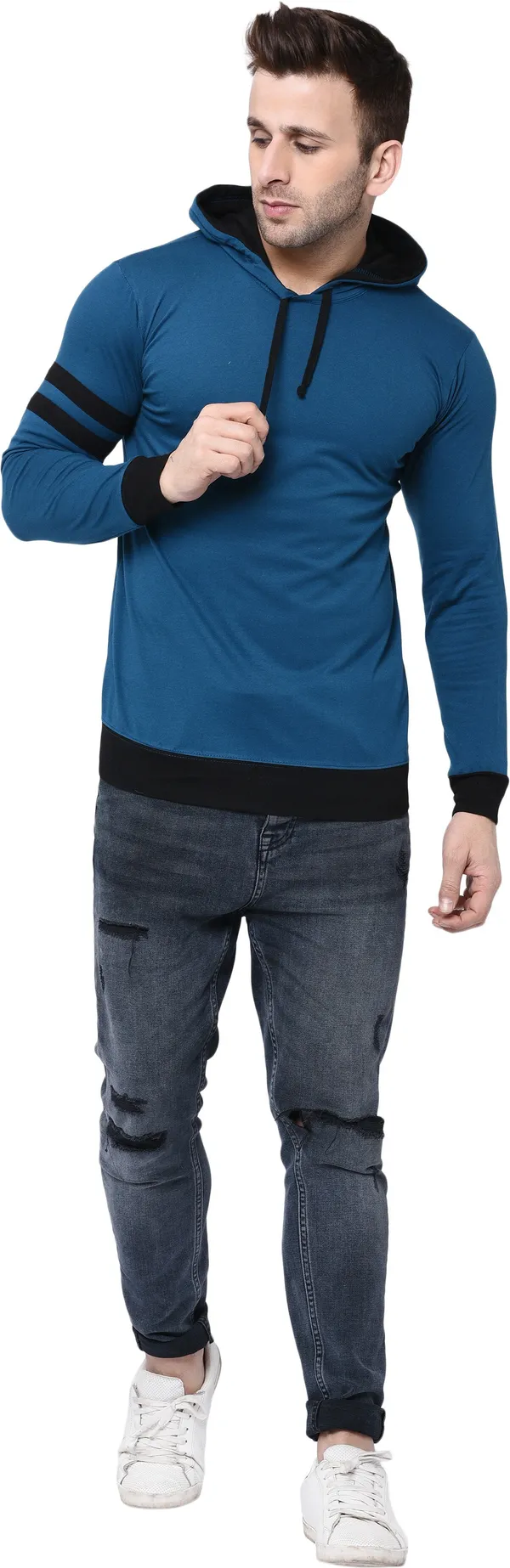 Light_Blue_&_Black_Cotton_Blend_Full_Sleeve_Striped_Hooded_Neck_Regular_T-Shirt_For_Men