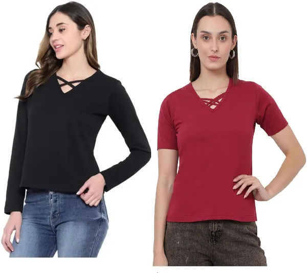 Cotton_Blend_Full_Sleeve_Solid_V_Neck_Comfort_Fit_T-Shirt_For_Women