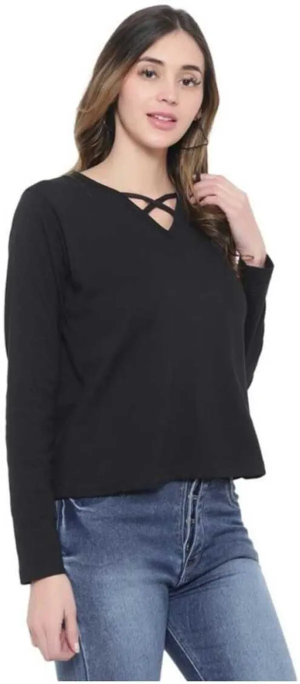 Cotton_Blend_Full_Sleeve_Solid_V_Neck_Comfort_Fit_T-Shirt_For_Women