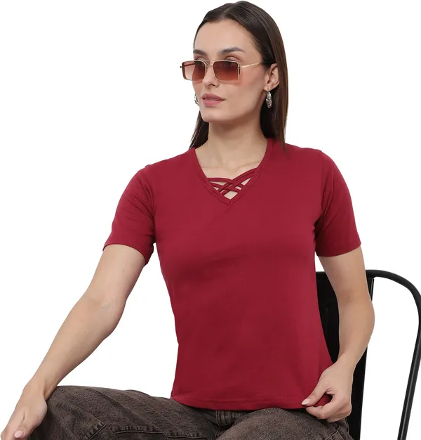 Cotton_Blend_Full_Sleeve_Solid_V_Neck_Comfort_Fit_T-Shirt_For_Women