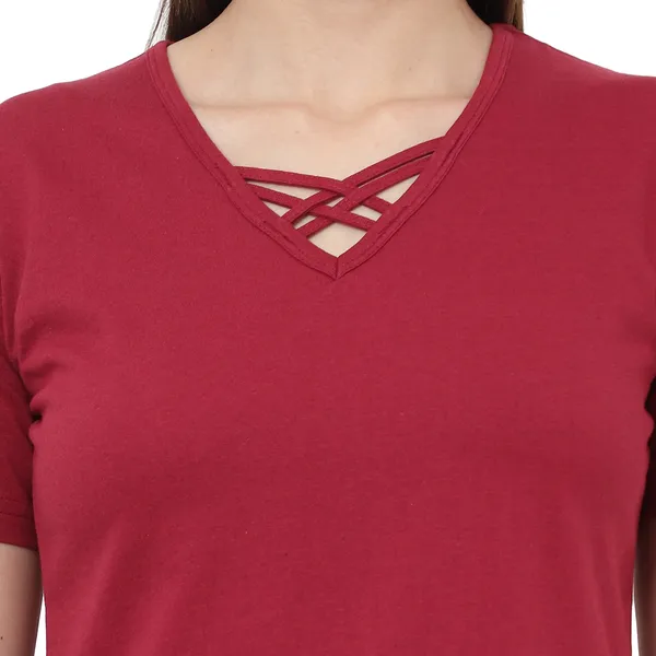 Cotton_Blend_Full_Sleeve_Solid_V_Neck_Comfort_Fit_T-Shirt_For_Women