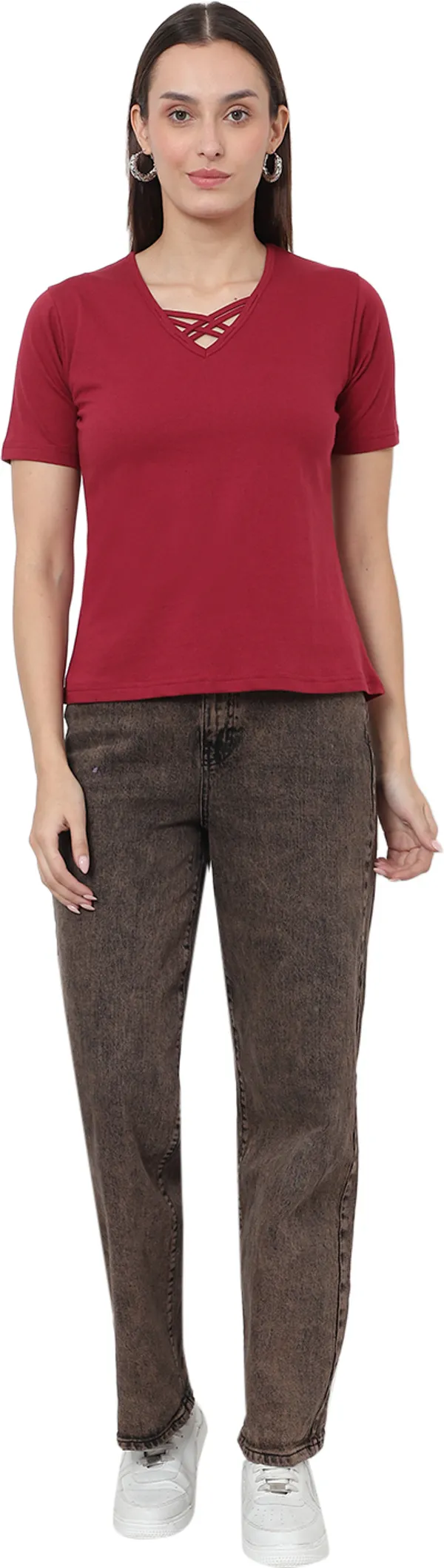Cotton_Blend_Full_Sleeve_Solid_V_Neck_Comfort_Fit_T-Shirt_For_Women