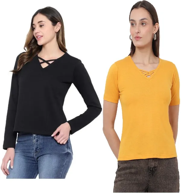 Cotton_Blend_Full_Sleeve_Solid_V_Neck_Comfort_Fit_T-Shirt_For_Women_(pack_Of_2)