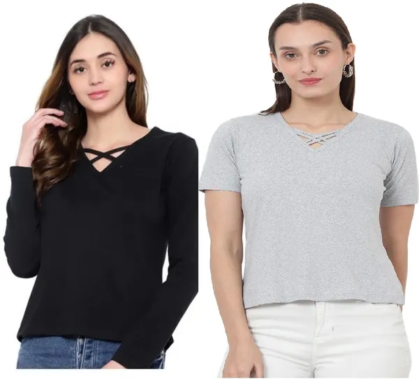 Grey_&_Black_Cotton_Blend_Full_Sleeve_Solid_V_Neck_Comfort_Fit_T-Shirt_For_Women