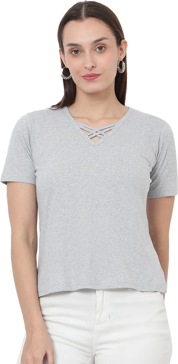Grey_&_Black_Cotton_Blend_Full_Sleeve_Solid_V_Neck_Comfort_Fit_T-Shirt_For_Women