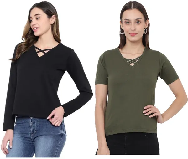 Cotton_Blend_Full_Sleeve_Solid_V_Neck_Comfort_Fit_T-Shirt_For_Women_(pack_Of_2)