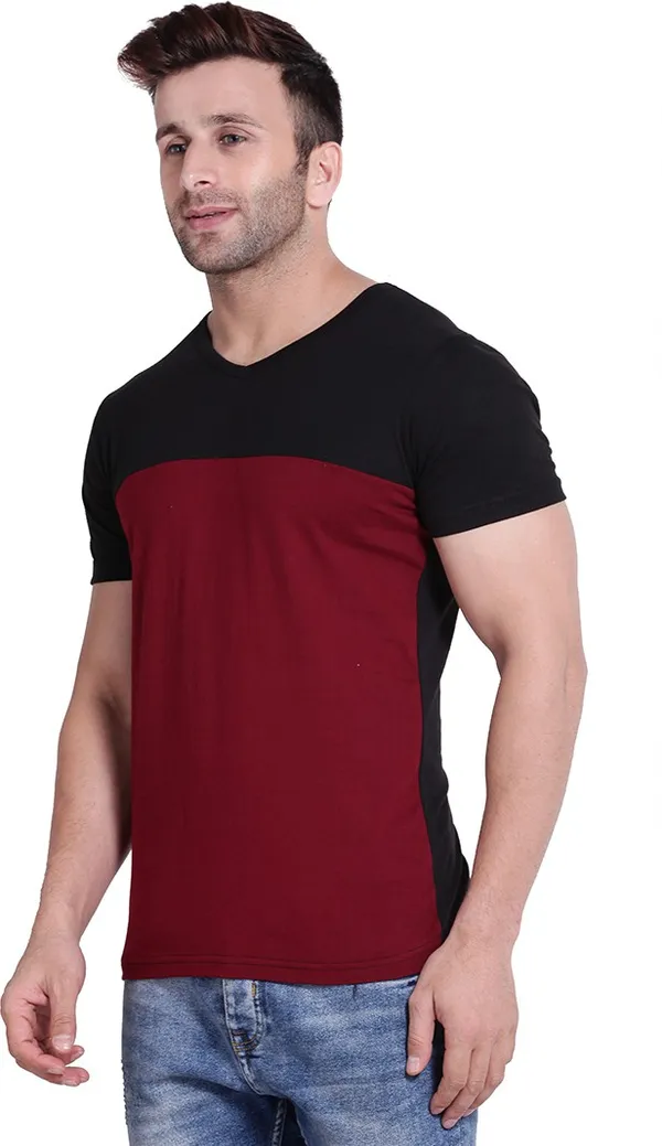 Maroon_&_Black_Cotton_Blend_Short_Sleeve_Colorblock_V_Neck_Regular_T-Shirt_For_Men