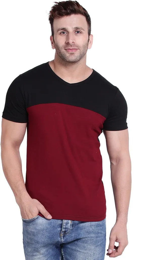 Maroon_&_Black_Cotton_Blend_Short_Sleeve_Colorblock_V_Neck_Regular_T-Shirt_For_Men